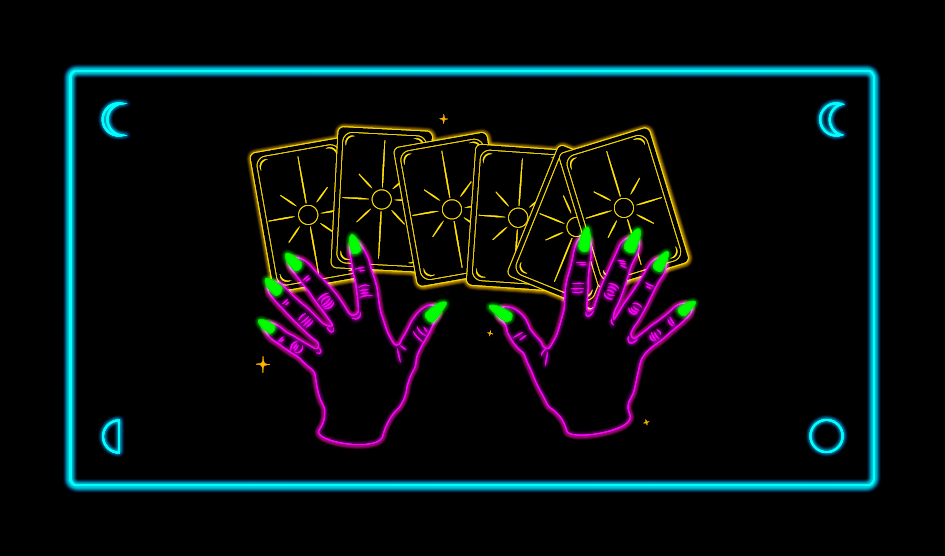 A neon illustration of two hands (pink), a series of tarot cards (yellow) and moons (cyan).
