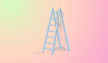 A graphic that has a pastel green, orange and pink gradient background, featuring the text 'Untangling Insurance, Online Event' in blue on the left. On the right, there is an illustration outlined in black of a blue ladder with a cable tangled on the top of one of its legs.