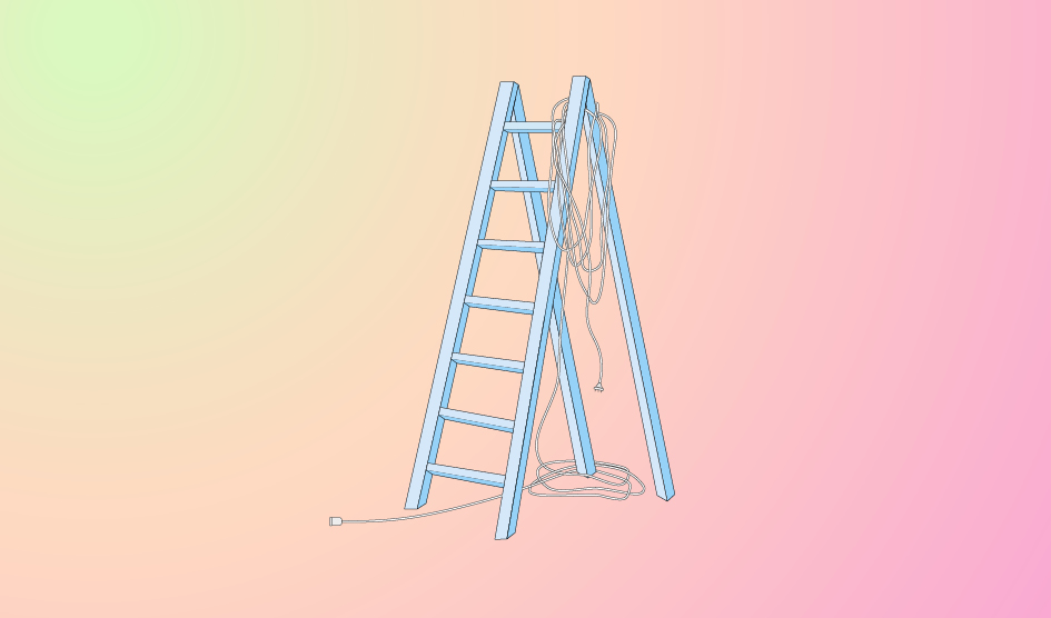 A graphic that has a pastel green, orange and pink gradient background, featuring the text 'Untangling Insurance, Online Event' in blue on the left. On the right, there is an illustration outlined in black of a blue ladder with a cable tangled on the top of one of its legs.